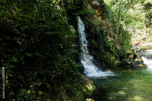 Fiume e cascata di acqua nel bosco sul sentiero delle meraviglie  Canton Ticino 