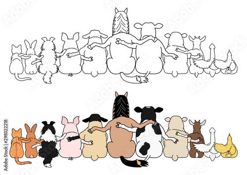 farm animals in a row, paws around shoulders each other, rear view