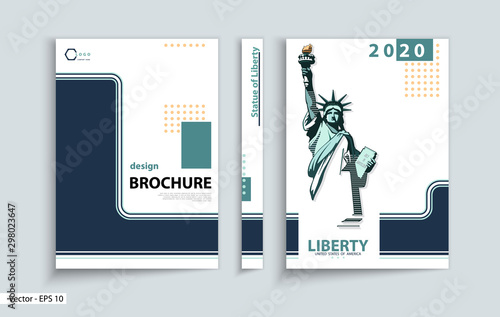 Brochure business, cover design template. Geometric design, Statue of Liberty. New York. First page, layout. Blue and black design. Book, booklet album, poster. Annual report, title. A4 format, text