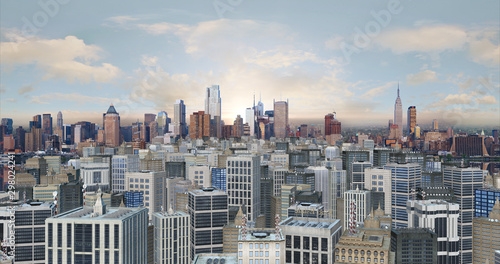 Crowded 3D Metropolitan City Aerial Camera Flight 3D Illustration Render. Social And Industry Related CG Render