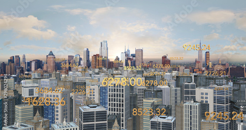 Flying Numbers All Over The Metropolitan City 3D Illustration Render. Technology And Business Related CG Render Flying Numbers All Over The Metropolitan City 3D Illustration Render. Technology And Bus