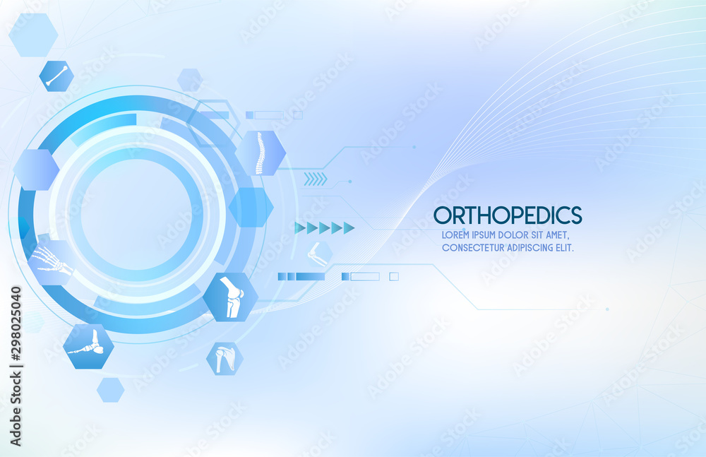 Medical infographic orthopedic anatomy. Abstract background with spine, pelvis, knee, foot, shoulder, elbow, hand, humerus bones and joints. Orthopedics medical.Blue and white. Vector illustration Medical infographic orthopedic anatomy. Abstract background with spine, pelvis, knee, foot, shoulder, elbow, hand, humerus bones and joints. Orthopedics medical.Blue and white. Vector illustration
