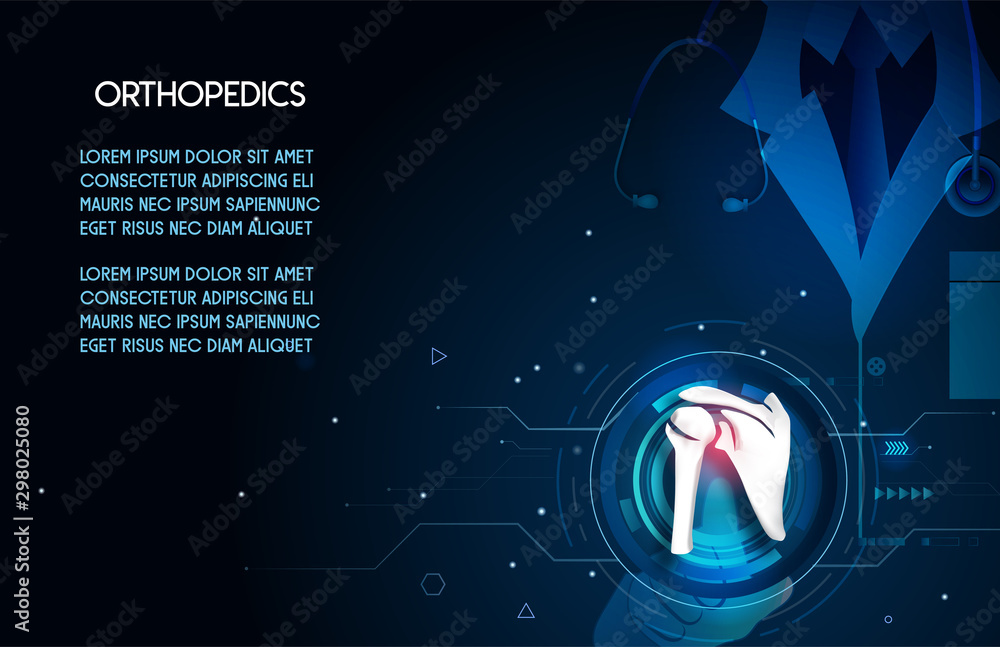 Fototapeta premium Medical orthopedic abstract background. Treatment for orthopedics traumatology of shoulder bones and joints injury. Medical presentation, hospital. Vector illustration