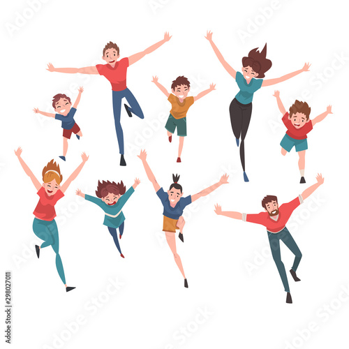 Smiling People Running with Arms Outstretched Set, Happy Positive Person Characters Vector Illustration