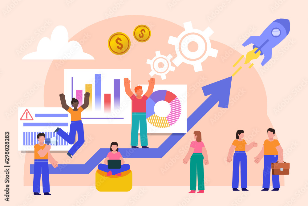 Group of people near big growth graph, chart. Startup, successful business idea concept. Poster for social media, web page, banner, presentation. Flat design vector illustration