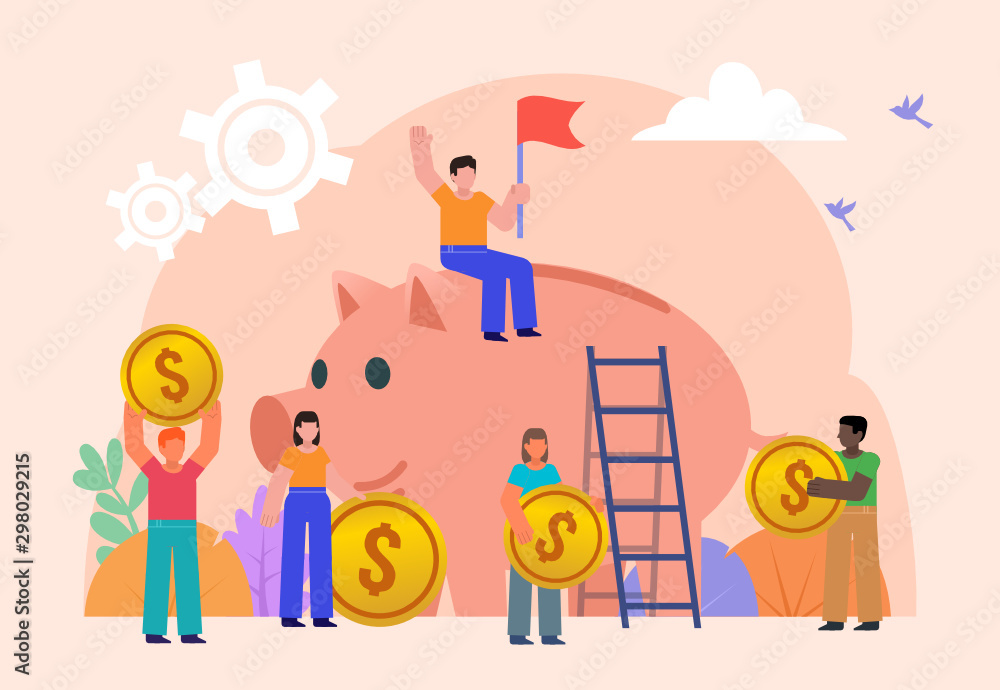 Savings, money, financial growth. Group of people hold golden coins and stand near big piggy bank. Poster for social media, web page, banner, presentation. Flat design vector illustration Savings, money, financial growth. Group of people hold golden coins and stand near big piggy bank. Poster for social media, web page, banner, presentation. Flat design vector illustration