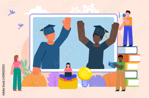 Group of students stand near big screen, web learning, lessons. Distance, online education concept. Poster for social media, web page, banner, presentation. Flat design vector illustration © paper_owl