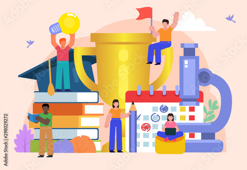 Group of students stand near big books, microscope, calendar. Student life in universtiy, college concept. Poster for social media, web page, banner, presentation. Flat design vector illustration