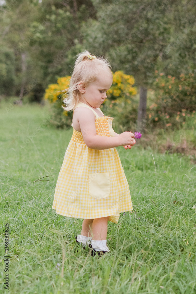 little blonde girl in a yellow dress on the grass looking for flowers little blonde girl in a yellow dress on the grass looking for flowers
