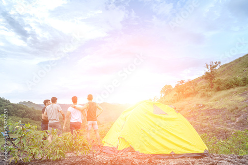Group of Friends Feel very Successful and Happy from Hiking in Nature.