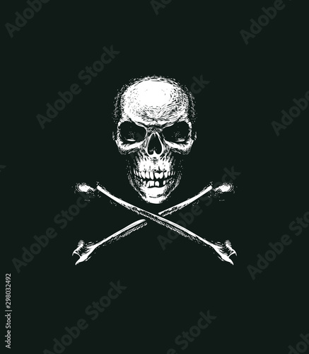 Sketch vector illustration, hand drawn human skull and crossbones on black background. Jolly Roger. Pirate symbol or danger warning sign