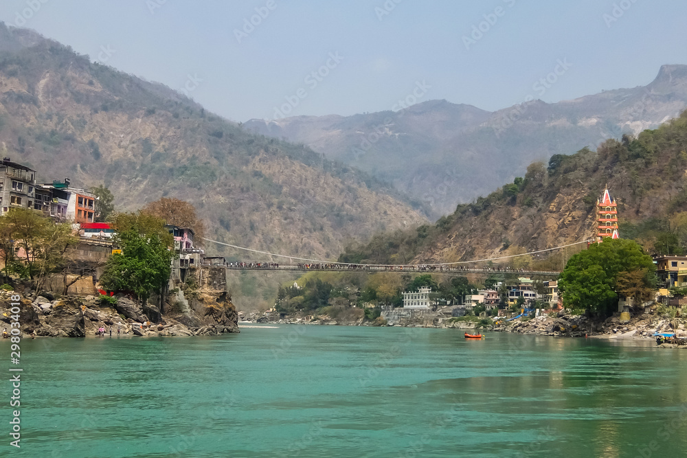 Rishikesh, India. View of Ganga river embankment and Tera Manzil Temple, Trimbakeshwar in Rishikesh.