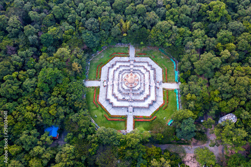 Top view Aerial photo from flying drone over Sandstone pagoda Wat pa Kung is the first sandstone pagoda in Roi Et province,Thailand.The construction is imitating the Borobudur in Indonesia.