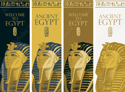 Set of vector banners with Golden mask of pharaoh Tutankhamun and Egyptian hieroglyphs. Advertising poster or flyer for travel agency with words Ancient Egypt. Pharaoh of ancient Egypt