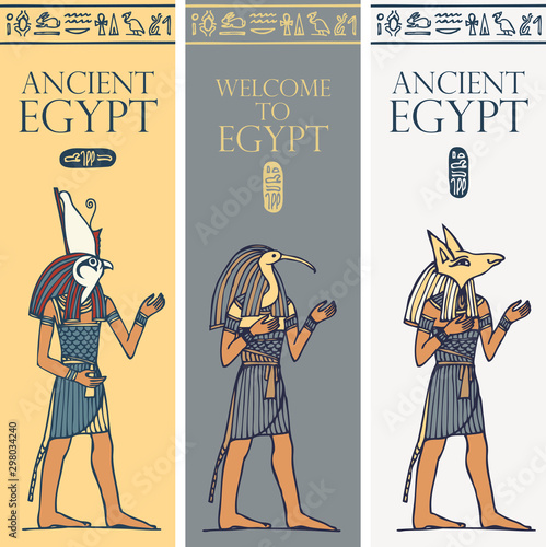 Set of vector banners with Egyptian gods and deities - Horus, Thoth, Anubis, . Advertising posters or flyers for travel agency with Egyptian hieroglyphs and words Ancient Egypt.