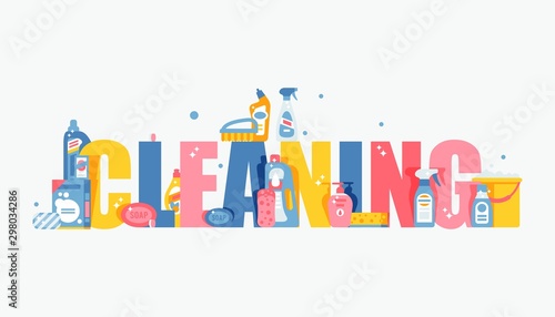 Cleaning typography vector illustration. Flat style cover for brochure or booklet, household products, cleanup tools and washing liquids. Professional cleaning service