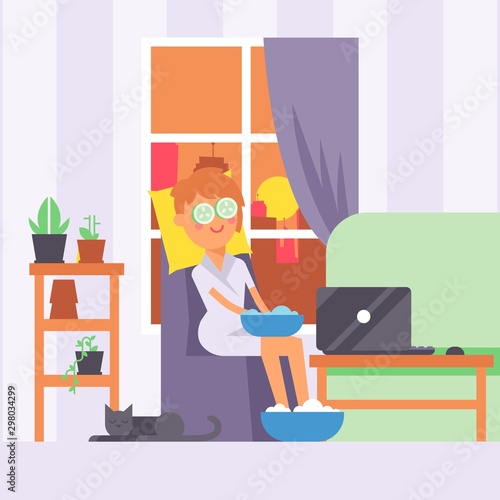 Woman doing skin care routine at home, vector illustration. Relaxing beauty procedures after work, in comfort of city apartment. Traditional skin treatment methods