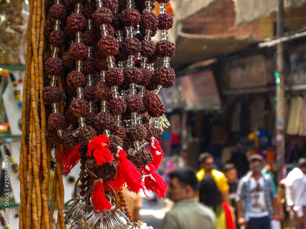 Rishikesh, India. Beads of rudraksh on street market in Rishikesh.