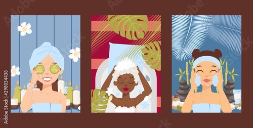 Relaxing beauty procedures for women, vector illustration. Skincare product advertisement banner, spa salon flyer. Face and hair treatment, natural cosmetics