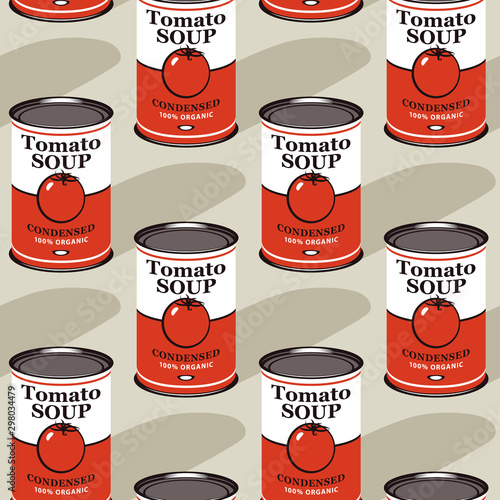 Vector seamless pattern with tin cans of tomato soup in retro style on light background. Repeatable illustrations for condensed tomato soup