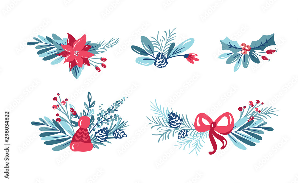 Set of Christmas vector floral bouquets with berries and fir branches and flowers. Isolated xmas illustration for winter greeting card design, divider Set of Christmas vector floral bouquets with berries and fir branches and flowers. Isolated xmas illustration for winter greeting card design, divider