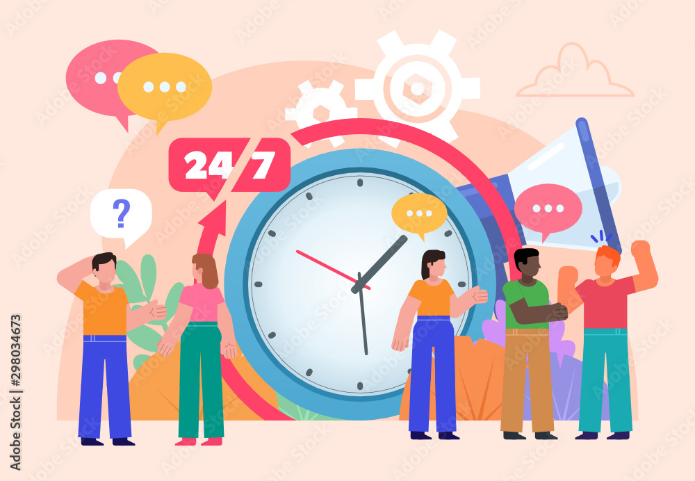 Support, help, service or call center concept. Group of people stand near big watches, megaphone, gears. Poster for social media, web page, banner, presentation. Flat design vector illustration