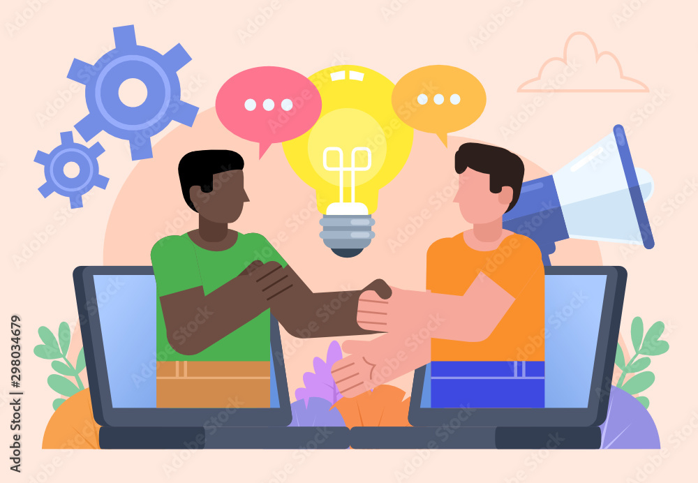 Distance business agreement. Two man handshake from laptops. Poster for social media, web page, banner, presentation. Flat design vector illustration