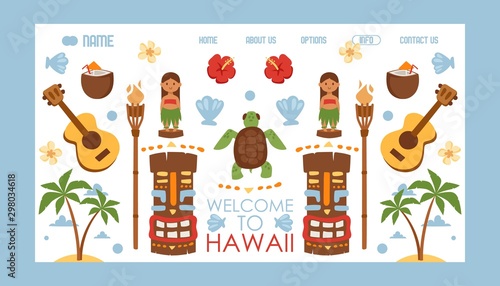 Hawaii travel website, vector illustration. Summer vacation on exotic tropical island in Pacific ocean. Landing page decorated with isolated flat style symbols of Hawaiian culture