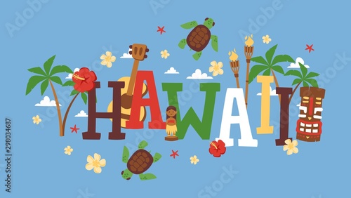 Hawaii typography vector illustration. Travel agency brochure cover, tour booklet. Summer vacation on exotic tropical island. Hawaiian icons in flat style