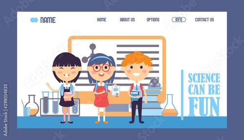 Science for children, vector illustration. Landing page template for school website. Happy smiling kids in cartoon style, enjoying studying. Chemistry class, education course