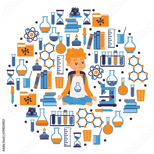 Chemistry round frame composition, vector illustration. School education, science icons in flat style. Young boy meditating, chemistry student cartoon character