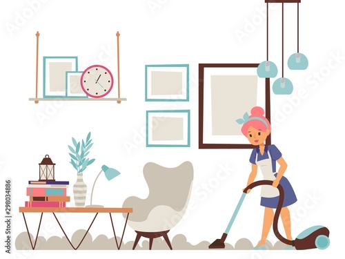 Housewife cleaning apartment, vector illustration. Woman with vacuum cleaner doing everyday household chores. Clean and tidy living room, flat style home interior