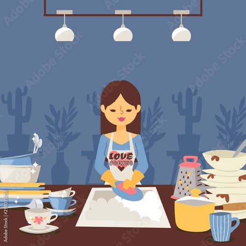 Woman is washing dishes, vector illustration. Housewife in kitchen, cleaning plates after dinner. Domestic cleanup routine, household chores. Girl washes dishware in sink