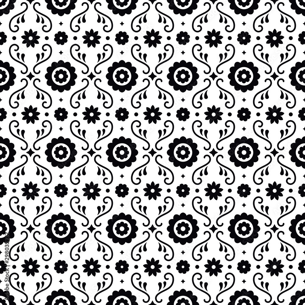 Obraz premium Mexican folk art seamless pattern with flowers on white background. Traditional design for fiesta party. Floral ornate elements from Mexico. Mexican folklore ornament.