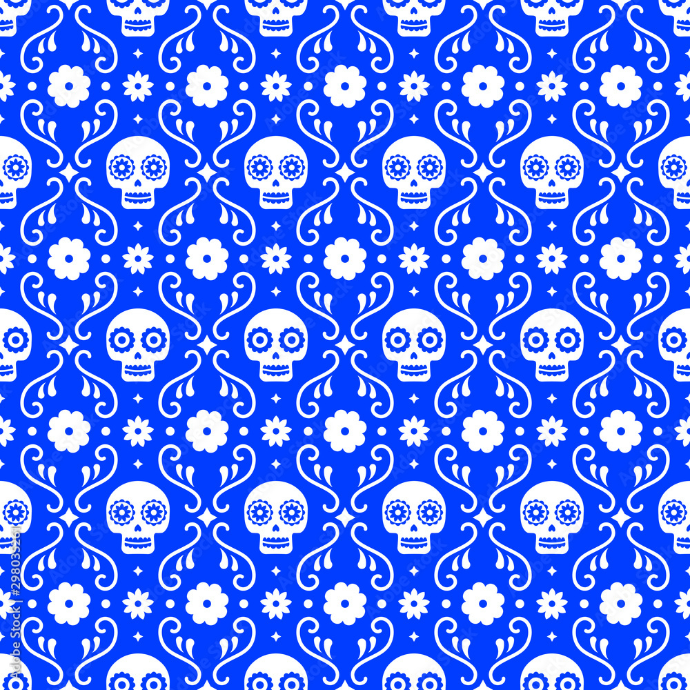 Day of the dead seamless pattern with skulls and flowers on blue background. Traditional mexican Halloween design for Dia De Los Muertos holiday party. Ornament from Mexico. Day of the dead seamless pattern with skulls and flowers on blue background. Traditional mexican Halloween design for Dia De Los Muertos holiday party. Ornament from Mexico.
