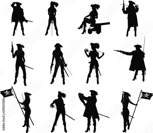 Set of silhouettes of a sexy slim pirate girl with different weapons in different poses and clothes