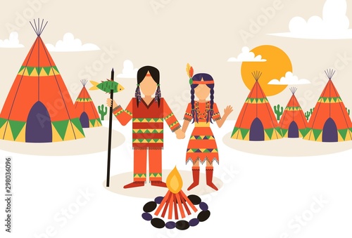 Native American settlement, vector illustration. Man and woman in traditional clothes with ethnic ornament. Flat style landscape of American Indian reservation
