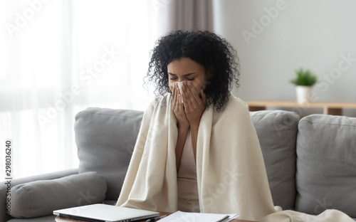 Sick african American girl fell unwell having flu
