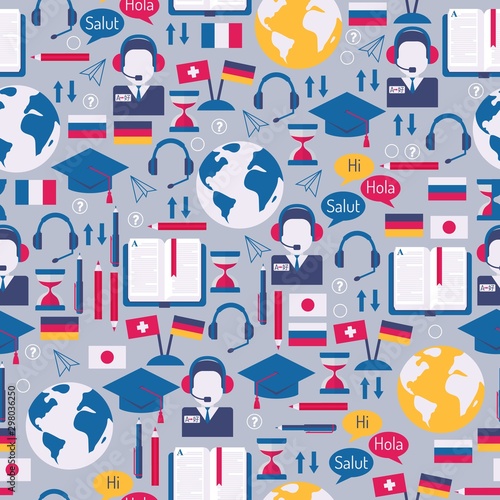 Language learning symbols in seamless pattern, vector illustration. Isolated icons in flat style, international online course background, language school book cover