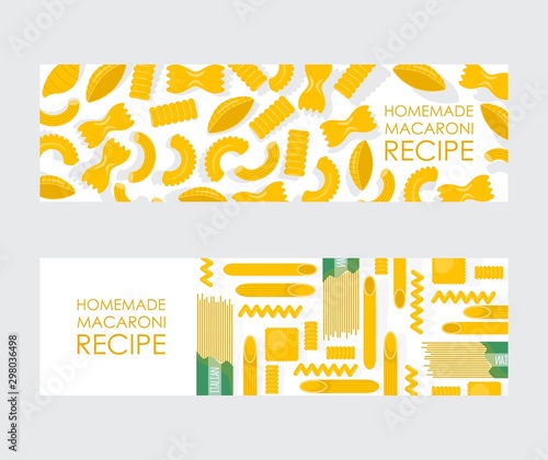 Homemade macaroni banner, vector illustration. Different kinds of uncooked pasta, traditional Italian meal ingredient. Recipe book header, pasta package decoration
