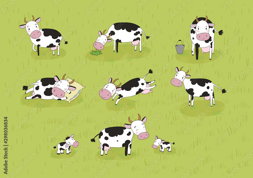 Set with cute cartoon cow. Farm animals - obrazy, fototapety, plakaty 