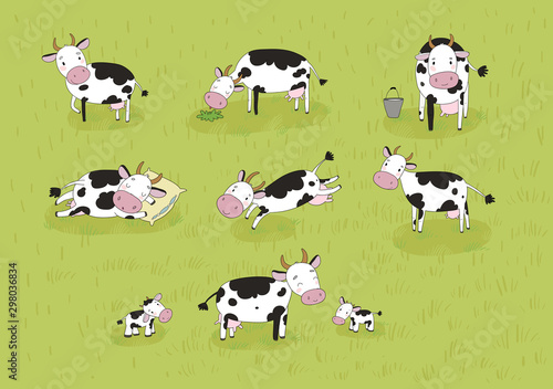 Set with cute cartoon cow. Farm animals