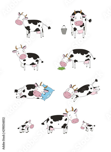 Set with cute cartoon cow. Farm animals