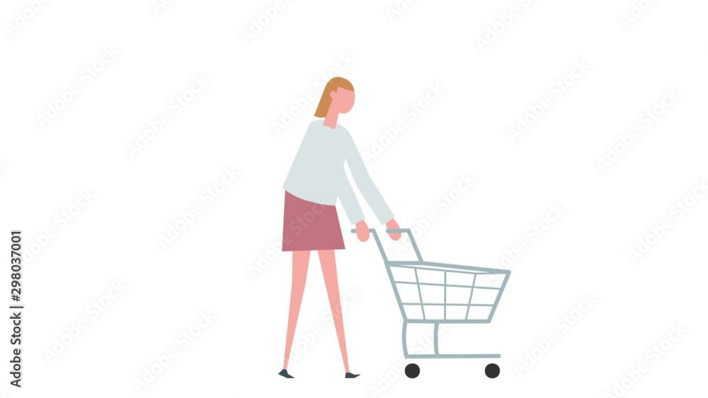 Flat cartoon colorful woman character animation. Girl walk cycle with shopping cart situation Flat cartoon colorful woman character animation. Girl walk cycle with shopping cart situation