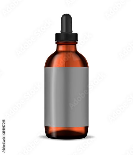 Glass bottle with silicone dropper cap and blank label, realistic mockup illustration. Container with pipette packaging, vector mock-up