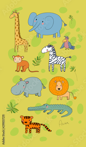 African animals. Cute cartoon lion and tiger  elephant and zebra  monkey and parrot. Fun zoo