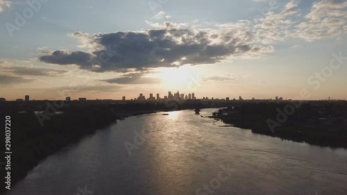 Aerial view of the Vistula River and the skyline of Warsaw