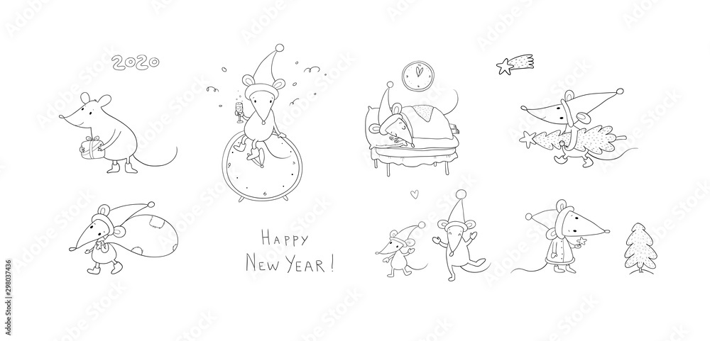 Fototapeta premium Cute cartoon rats. greeting card. Chinese Zodiac Sign Year of Rat. New Year 2020. Animal cartoon character set. Funny mouse and Christmas tree