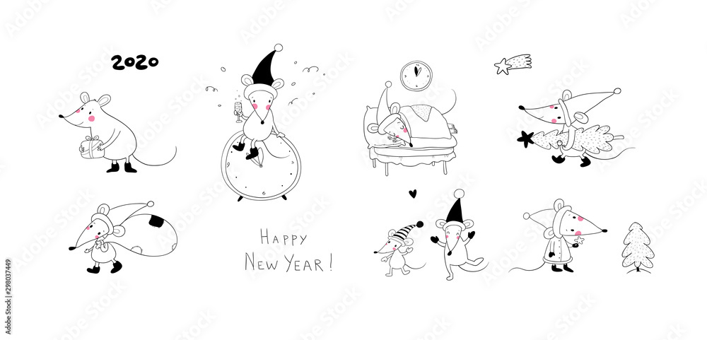 Obraz premium Cute cartoon rats. greeting card. Chinese Zodiac Sign Year of Rat. New Year 2020. Animal cartoon character set. Funny mouse and Christmas tree