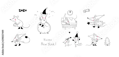 Fototapeta Naklejka Na Ścianę i Meble -  Cute cartoon rats. greeting card. Chinese Zodiac Sign Year of Rat. New Year 2020. Animal cartoon character set. Funny mouse and Christmas tree